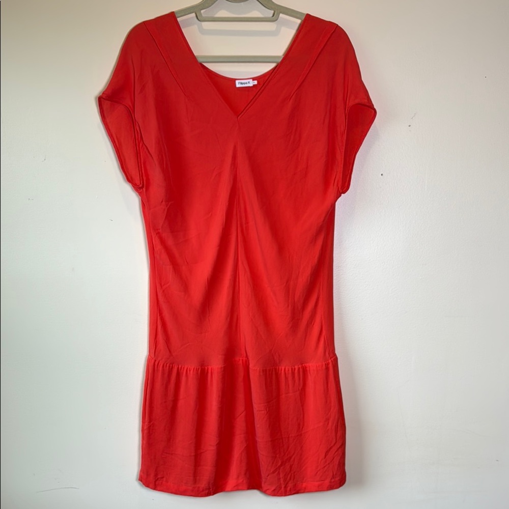 FILIPPA K Women's Bright Orange 100% Silk Drop Waist V-Neck Cap Sleeve Dress‎ M